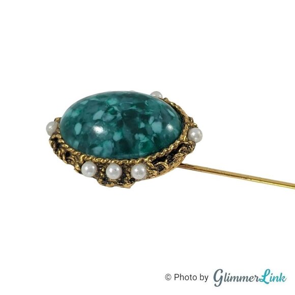 Vintage Oval Mottled Green Cabochon Faux Pearl Filigree Gold Tone Stick Pin - Picture 5 of 10